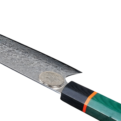 SZAKÁCSKÉS – Damascus VG10 KIRITSUKE - Deep Green G10 Edition – Színezett Juharfa Markolat