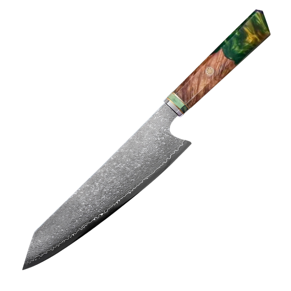 SZAKÁCSKÉS - Damascus VG10 KIRITSUKE - Green Maple Burl - Kézműves Gyanta Markolat