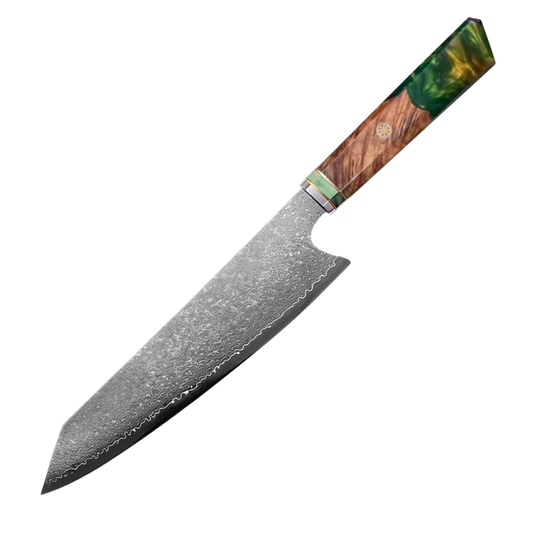 SZAKÁCSKÉS - Damascus VG10 KIRITSUKE - Green Maple Burl - Kézműves Gyanta Markolat