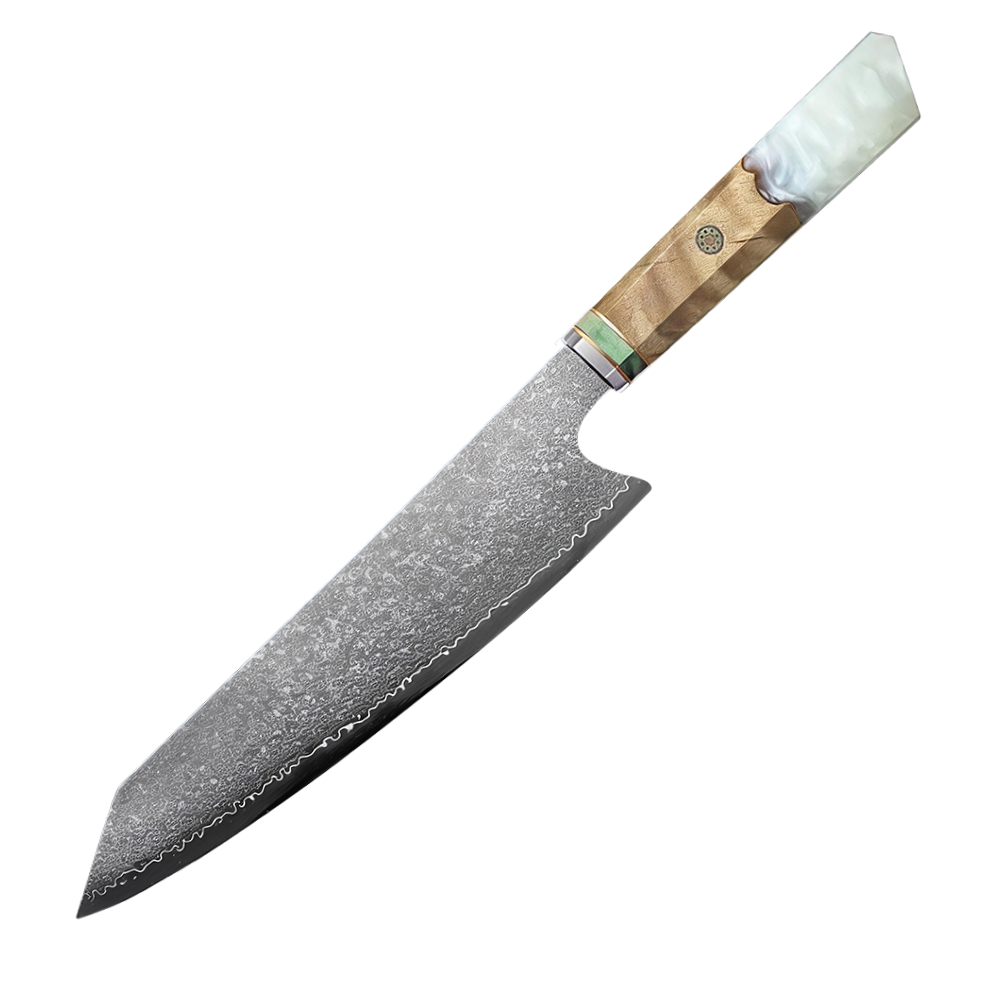 SZAKÁCSKÉS - Damascus VG10 KIRITSUKE - White Maple Burl - Kézműves Gyanta Markolat