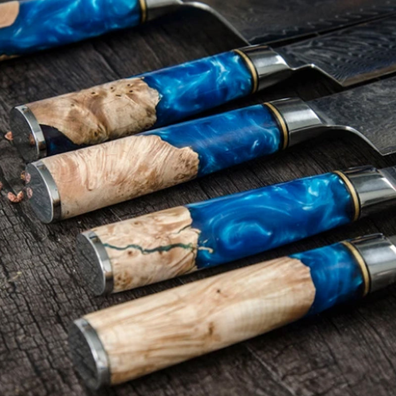 SZAKÁCSKÉS – Damascus VG10 SANTOKU – Light Blue & Beige Edition – Kompozit Juharfa Markolat