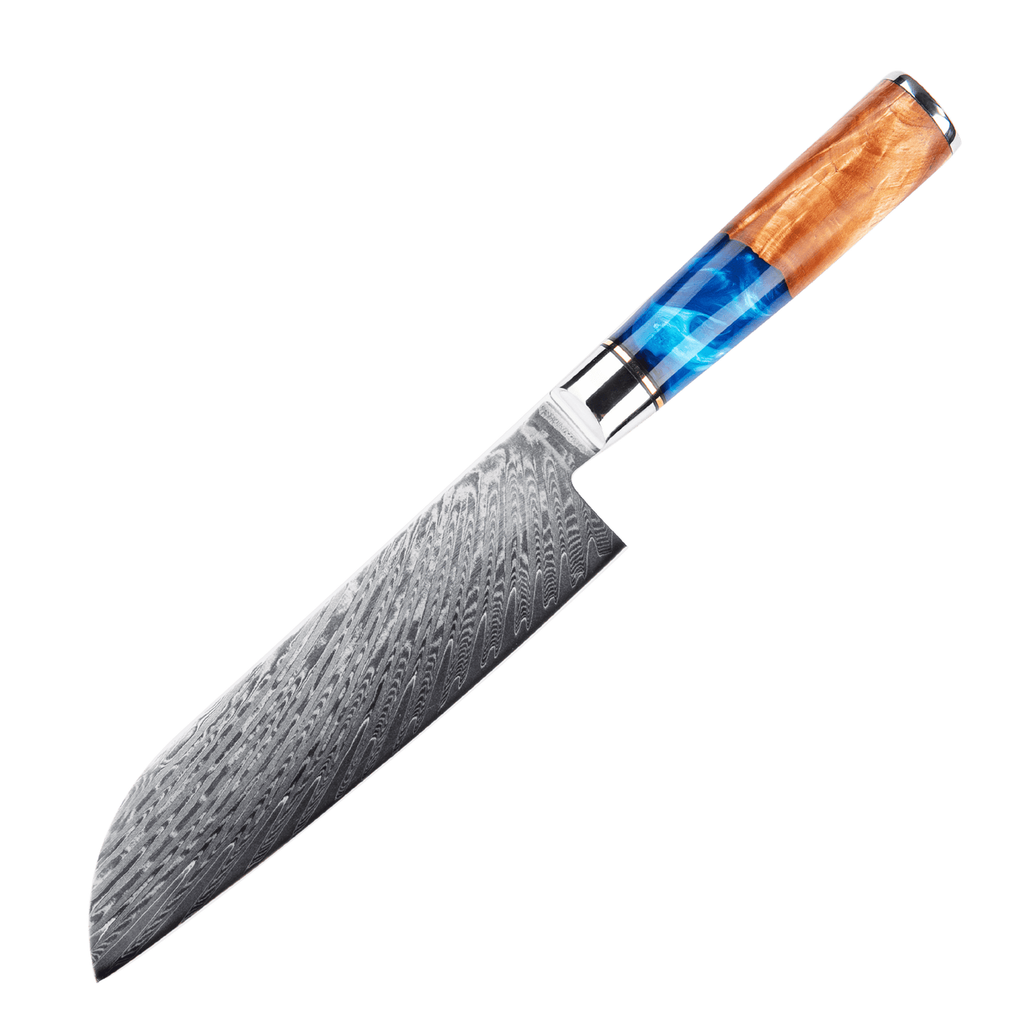 SZAKÁCSKÉS – Damascus VG10 SANTOKU – Light Blue & Beige Edition – Kompozit Juharfa Markolat