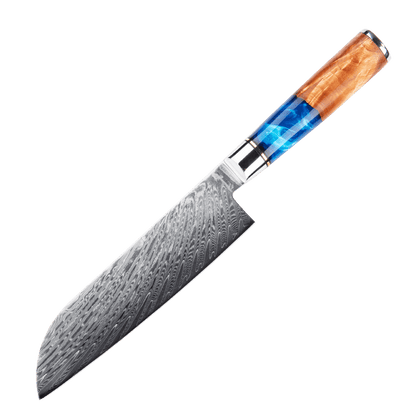 SZAKÁCSKÉS – Damascus VG10 SANTOKU – Light Blue & Beige Edition – Kompozit Juharfa Markolat