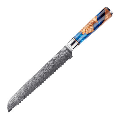 KENYÉRVÁGÓ KÉS – Damascus VG10 - Light Blue & Beige Edition – Kompozit Juharfa Markolat