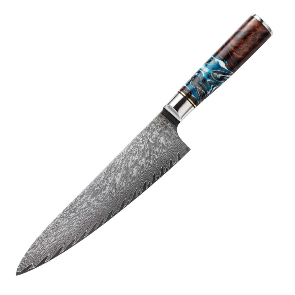 SZAKÁCSKÉS – Damascus VG10 GYUTO – Blue & Brown Edition – Kompozit Juharfa Markolat