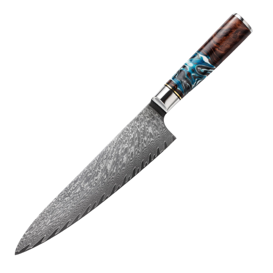 SZAKÁCSKÉS – Damascus VG10 GYUTO – Blue & Brown Edition – Kompozit Juharfa Markolat