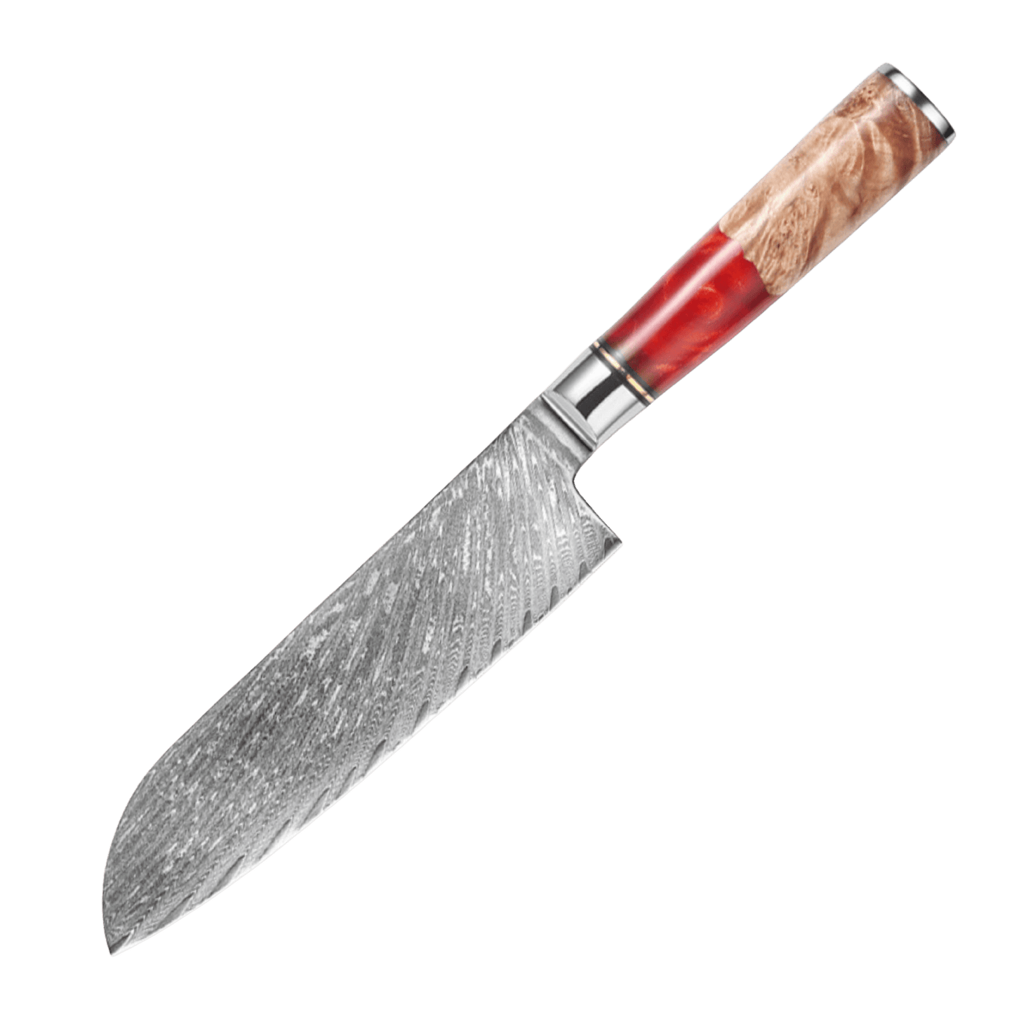 SZAKÁCSKÉS – Damascus VG10 SANTOKU – Red & Beige Edition – Kompozit Juharfa Markolat