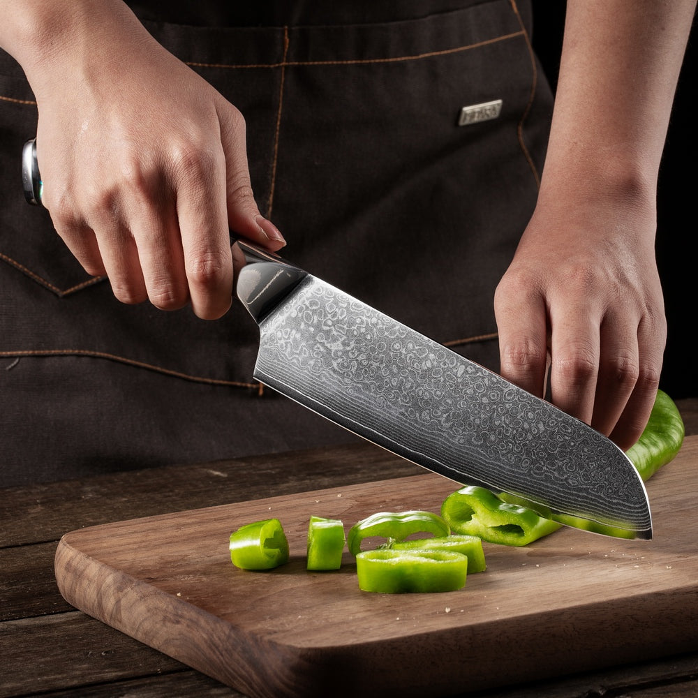 SZAKÁCSKÉS – Damascus VG10 SANTOKU – Red & Beige Edition – Kompozit Juharfa Markolat