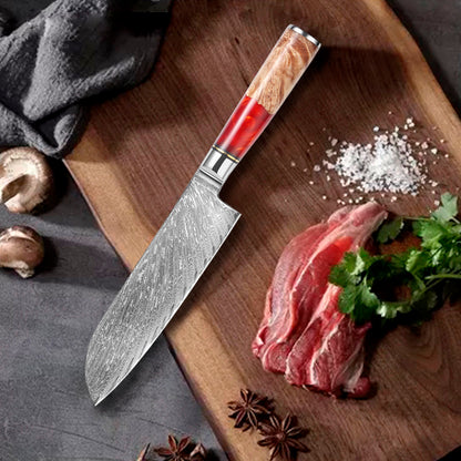 SZAKÁCSKÉS – Damascus VG10 SANTOKU – Red & Beige Edition – Kompozit Juharfa Markolat