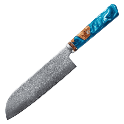SZAKÁCSKÉS – Damascus VG10 SANTOKU – Blue Maple Burl - Kézműves Gyanta Markolat
