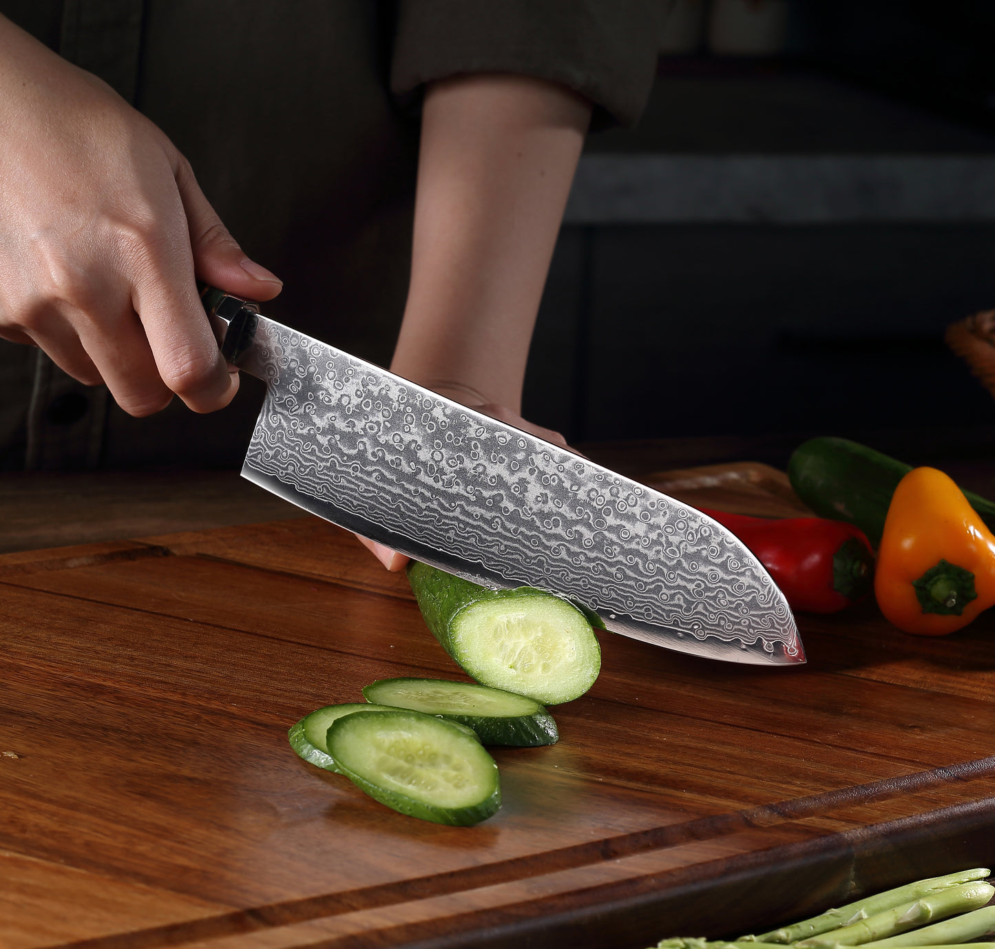 SZAKÁCSKÉS – Damascus VG10 SANTOKU – Brown Mesh Edition – Kompozit Juharfa Markolat