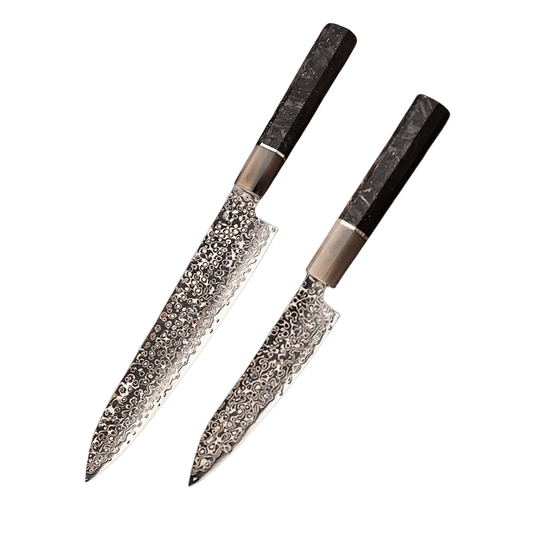 SUPREME SZAKÁCSKÉS SZETT – DAMASCUS VG10 – 2 darabos - Copper Royal – Réz és Bivalyszarv Markolat