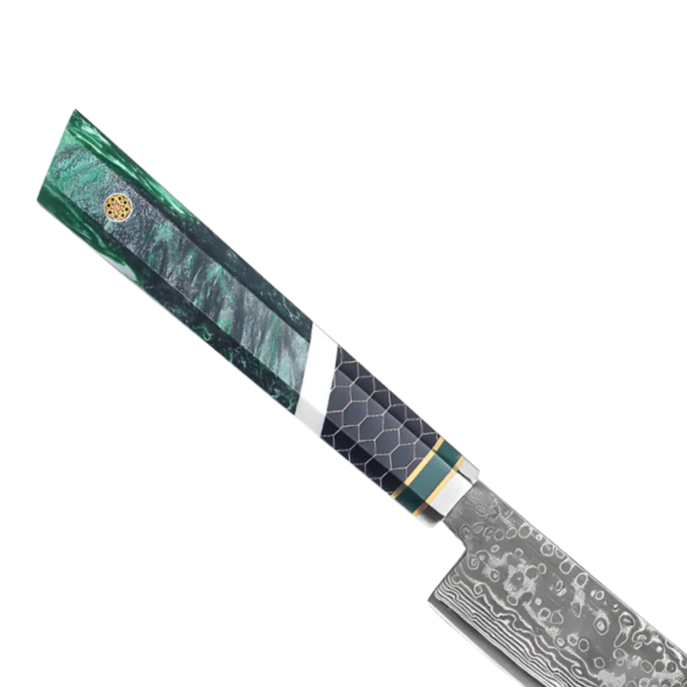 UNIVERZÁLIS KÉS – Damascus VG10 – Green Mesh Edition – Smaragdzöld Hálós Markolat