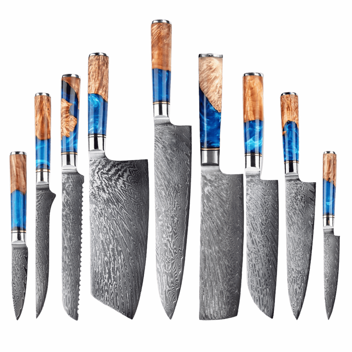 SZAKÁCSKÉS SZETT – DAMASCUS VG10 – 9 Darabos – Light Blue & Beige Edition – Kompozit Juharfa Markolat