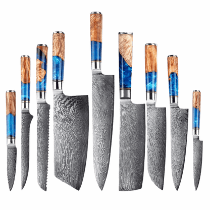 SZAKÁCSKÉS SZETT – DAMASCUS VG10 – 9 Darabos – Light Blue & Beige Edition – Kompozit Juharfa Markolat