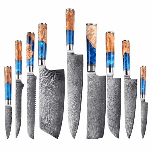 SZAKÁCSKÉS SZETT – DAMASCUS VG10 – 9 Darabos – Light Blue & Beige Edition – Kompozit Juharfa Markolat