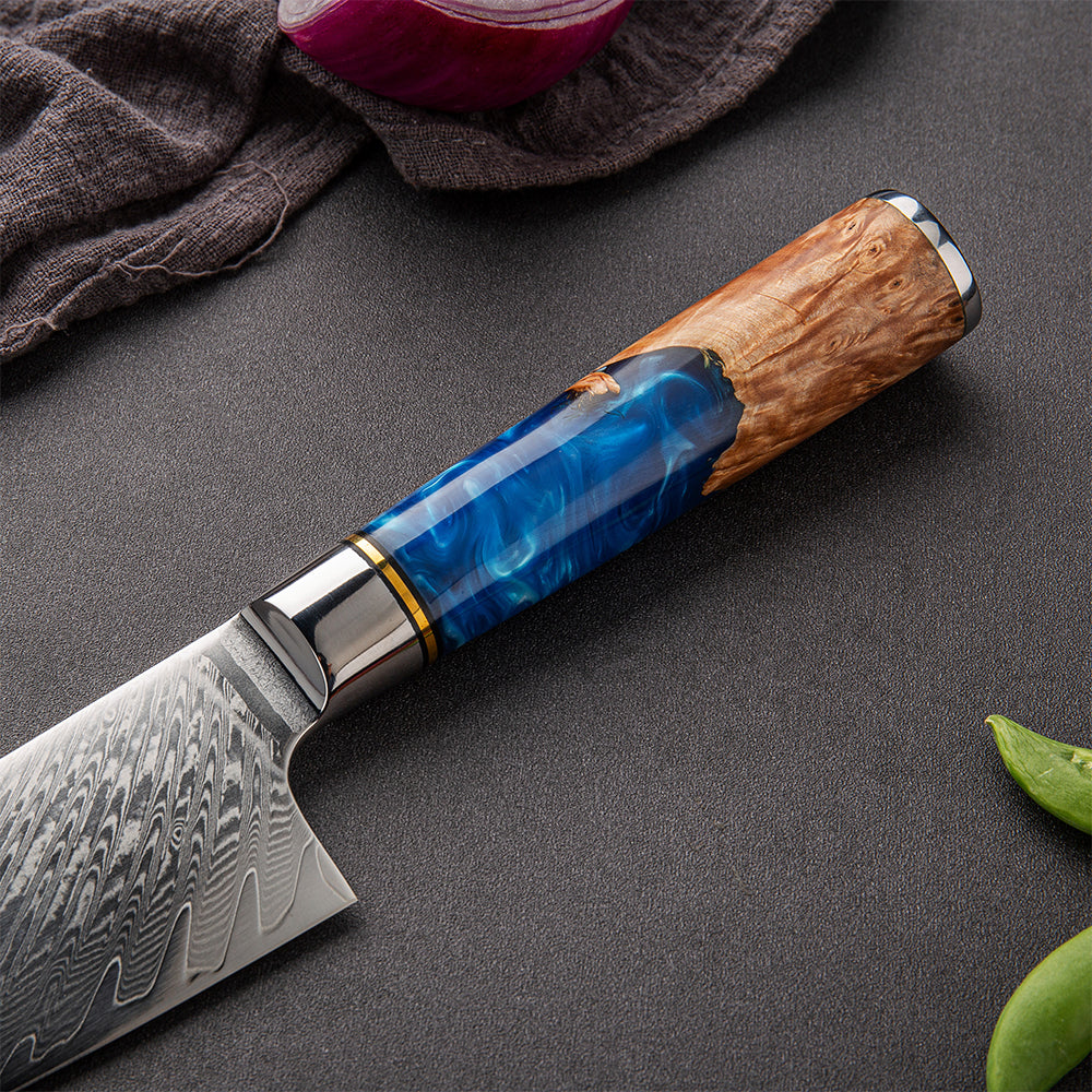 SZAKÁCSKÉS SZETT – DAMASCUS VG10 – 3 Darabos – Light Blue & Beige Edition – Kompozit Juharfa Markolat