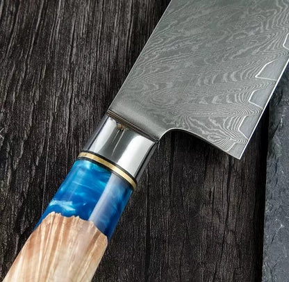 SZAKÁCSKÉS SZETT – DAMASCUS VG10 – 3 Darabos – Light Blue & Beige Edition – Kompozit Juharfa Markolat